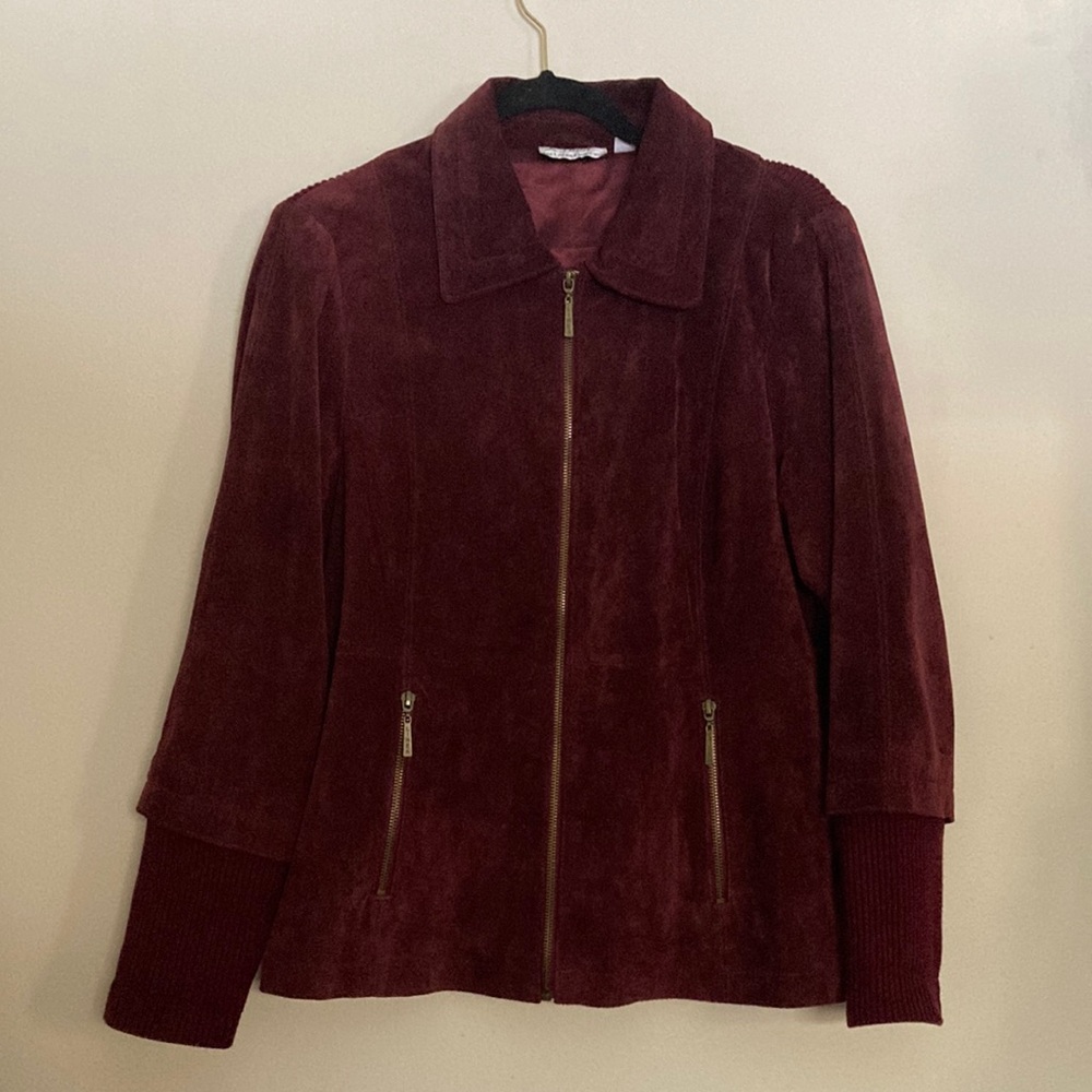 Linea Suede Leather Jacket Ribbed Sweater Coat Burgundy Wine Women’s Medium